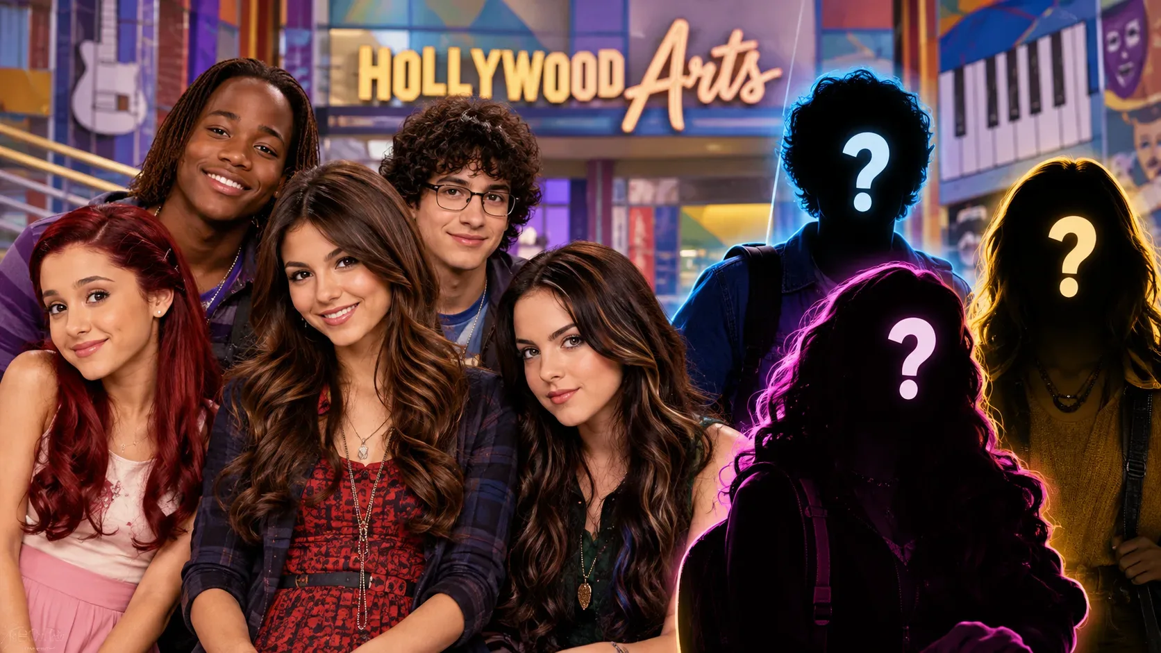 Montagem ilustrativa com cinco jovens em uma escola de artes colorida, três silhuetas com interrogações e um letreiro Hollywood Arts.