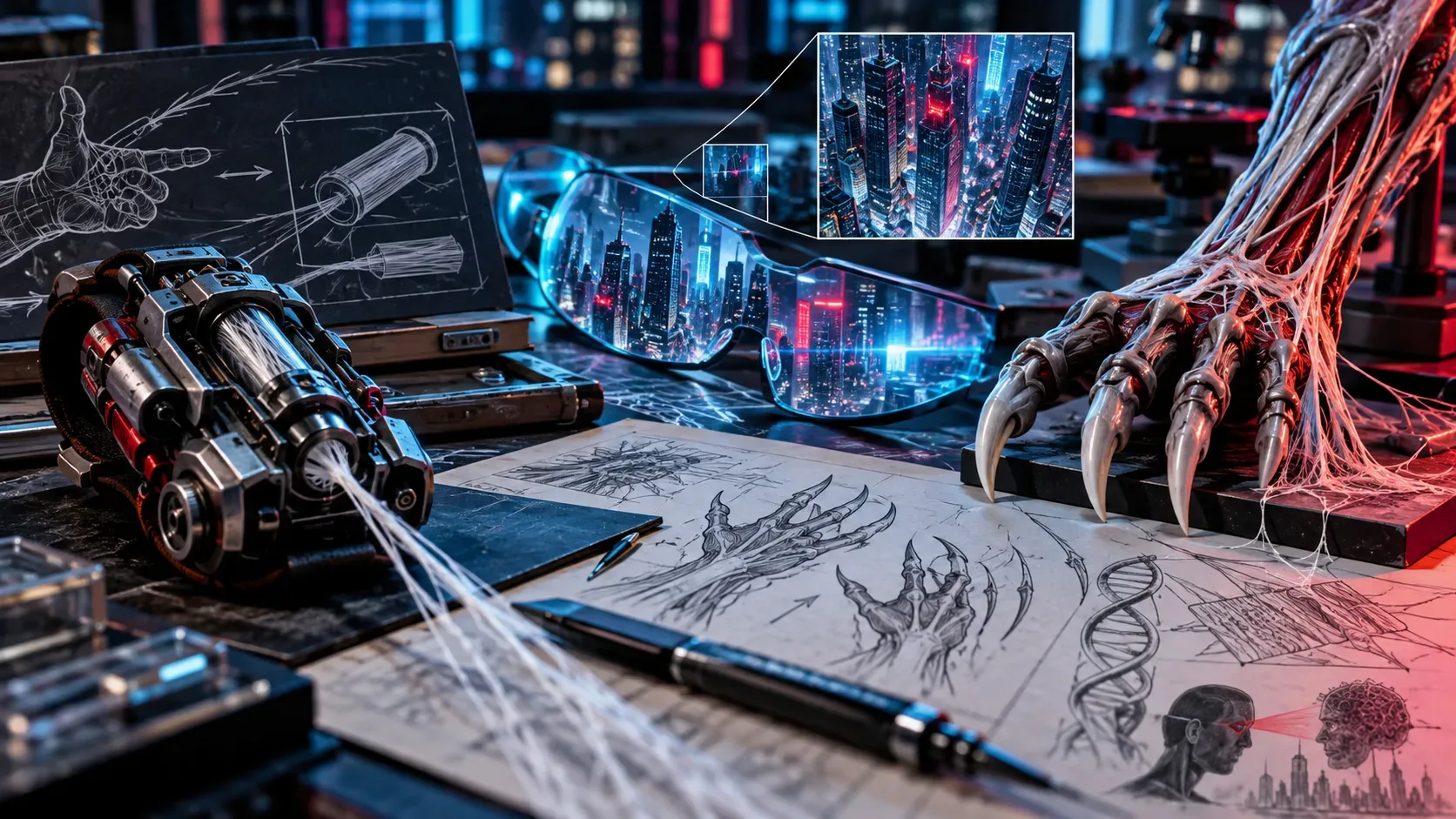Bancada futurista com lançador mecânico de teias, óculos mostrando uma cidade ampliada e mão com garras orgânicas, iluminados por luzes azuis e vermelhas.