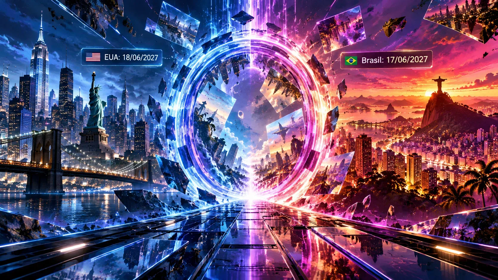 Arte editorial de um portal dimensional luminoso entre uma cidade dos EUA em tons azuis e o Rio de Janeiro em tons quentes, com painéis das datas EUA 18/06/2027 e Brasil 17/06/2027.
