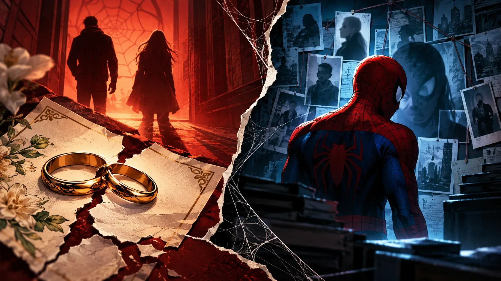 Ilustração dividida entre duas alianças sobre um convite de casamento rasgado e o Homem-Aranha diante de um mural de fotografias, em tons vermelhos e azuis.