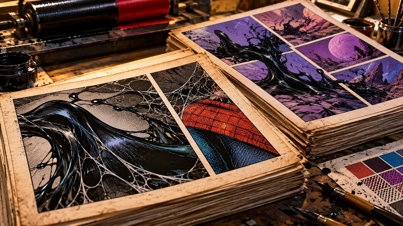 Mesa de produção de quadrinhos com páginas ilustradas, desenhos de tinta preta fluida, detalhe vermelho e azul com teias e paisagens roxas.