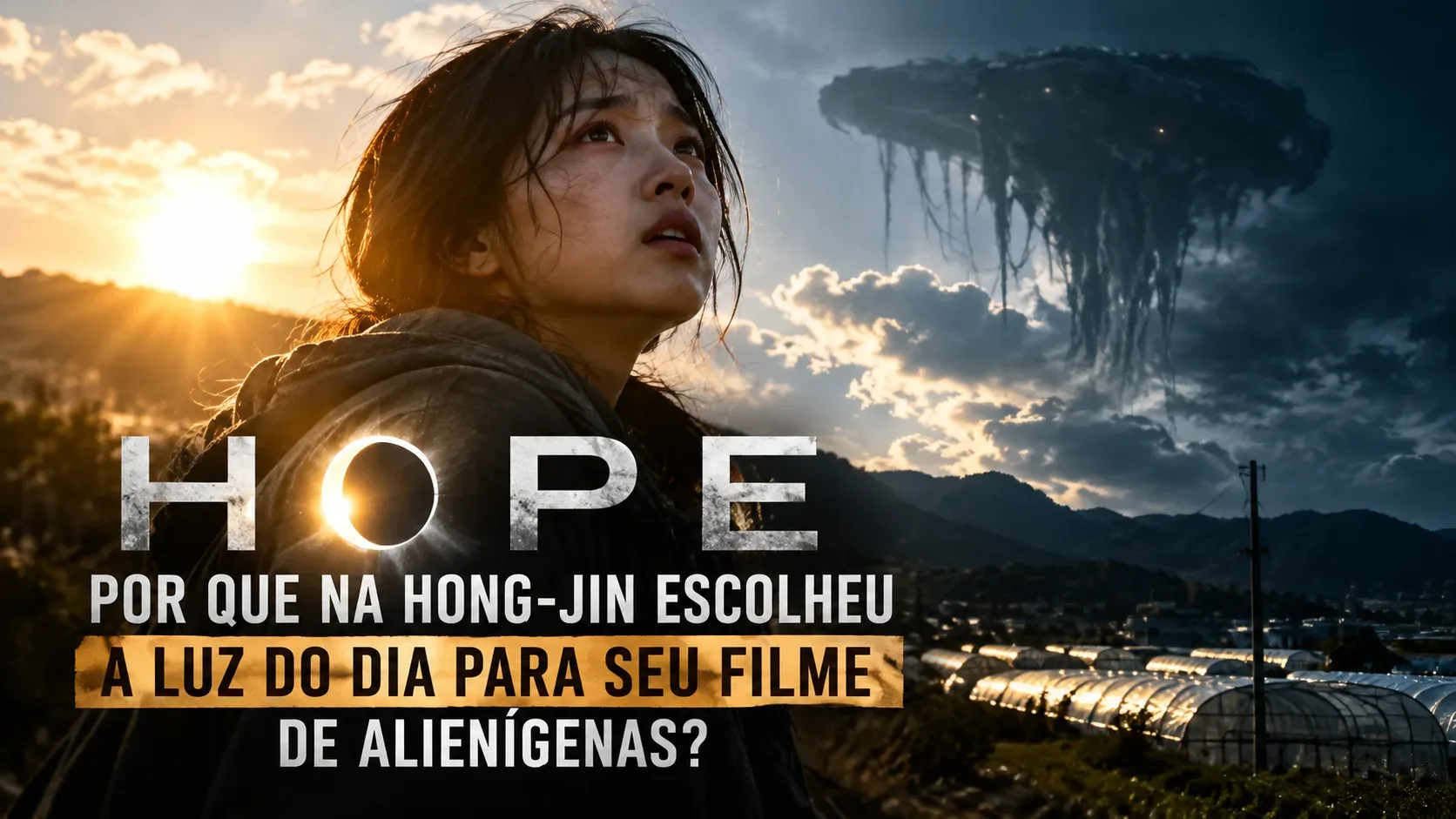 Capa com uma jovem de casaco escuro olhando para uma criatura alienígena sombria no céu ao amanhecer, com o título Hope e uma pergunta em português sobre a luz do dia.