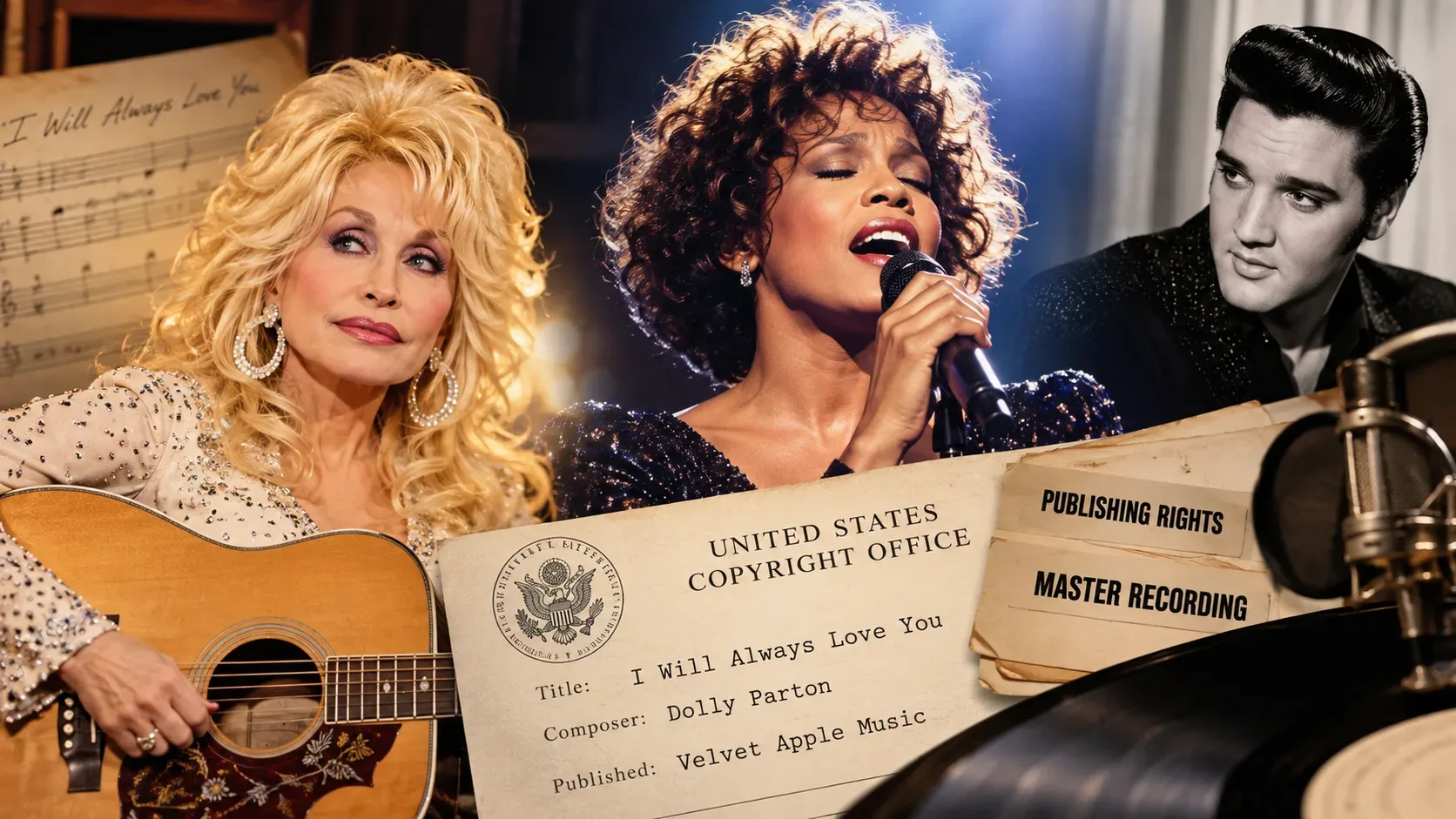 Montagem editorial com Dolly Parton segurando violão, Whitney Houston cantando ao microfone, Elvis Presley em preto e branco e documentos ilustrativos sobre direitos musicais.