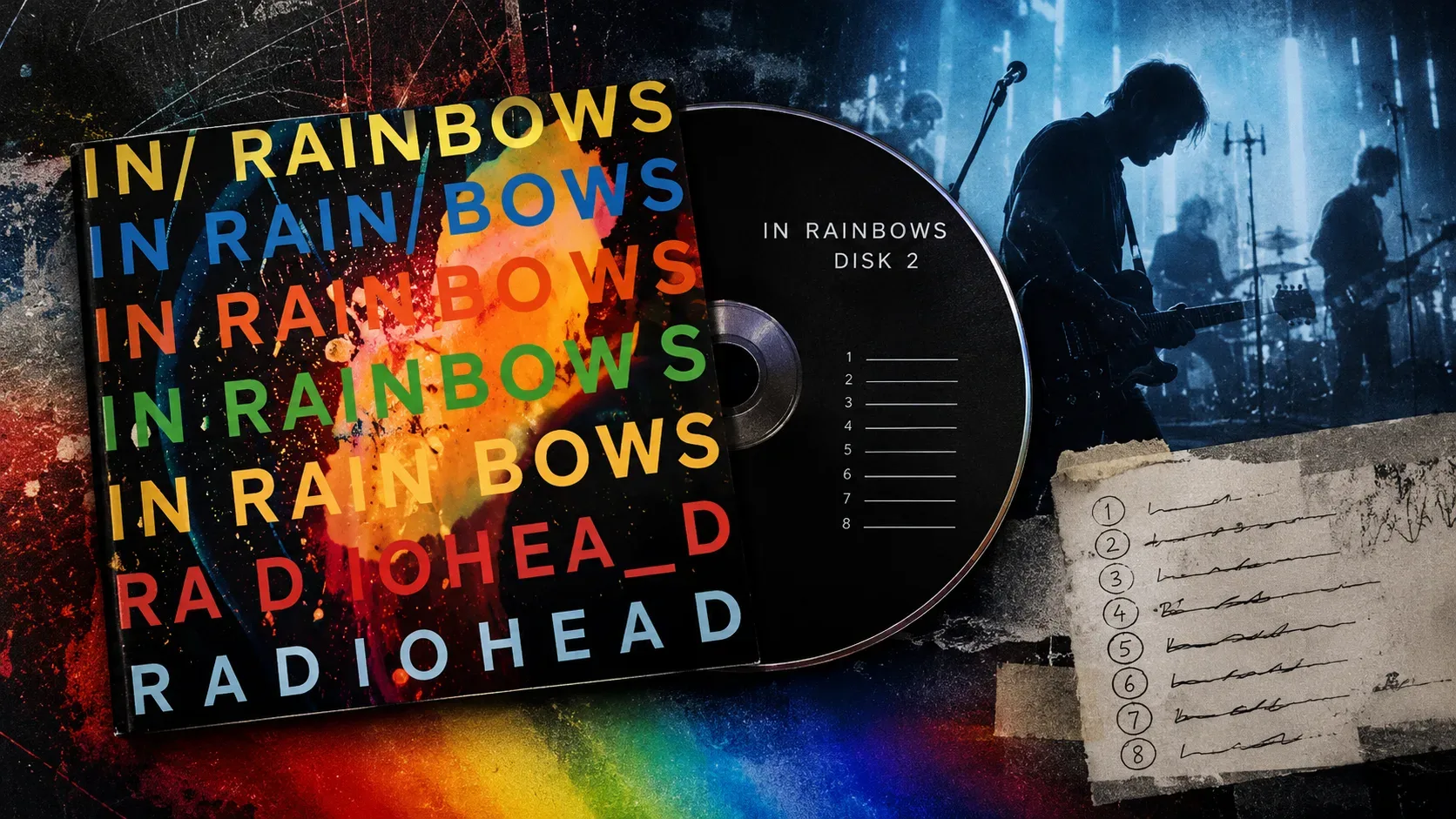 Colagem digital com uma embalagem de disco colorida, CD preto marcado Disk 2, músicos em silhueta sob luz azul e folha com oito linhas manuscritas.