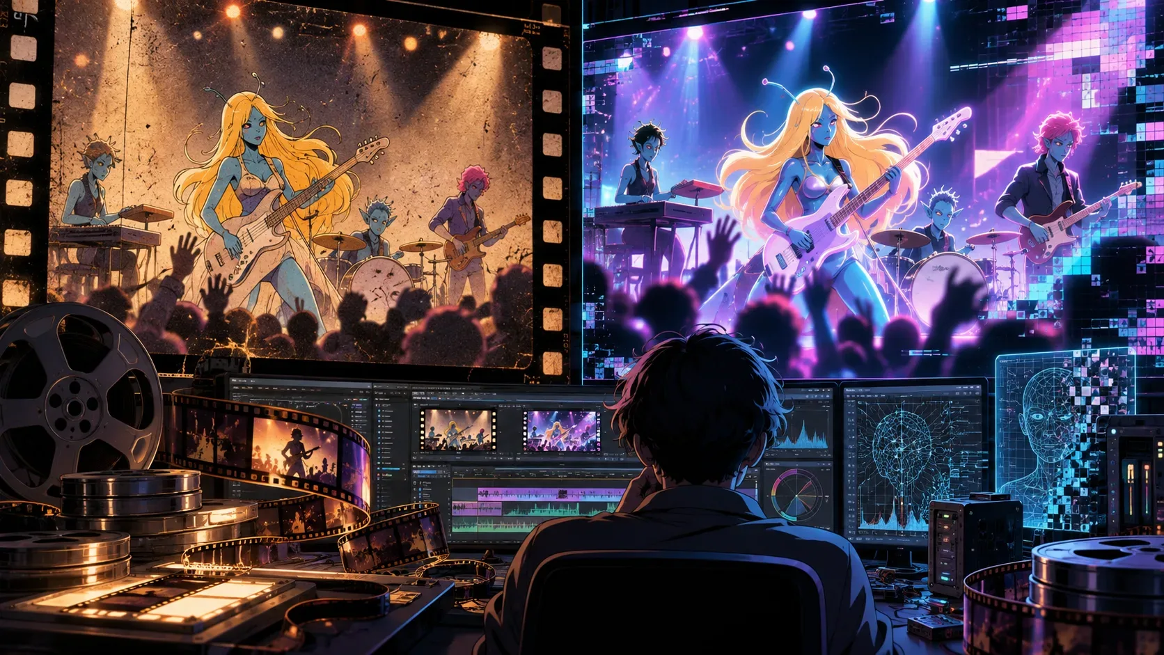 Pessoa de costas diante de telas que comparam uma banda alienígena animada: imagem granulada e quente à esquerda, versão neon digital à direita, com rolos de filme e monitores de edição.