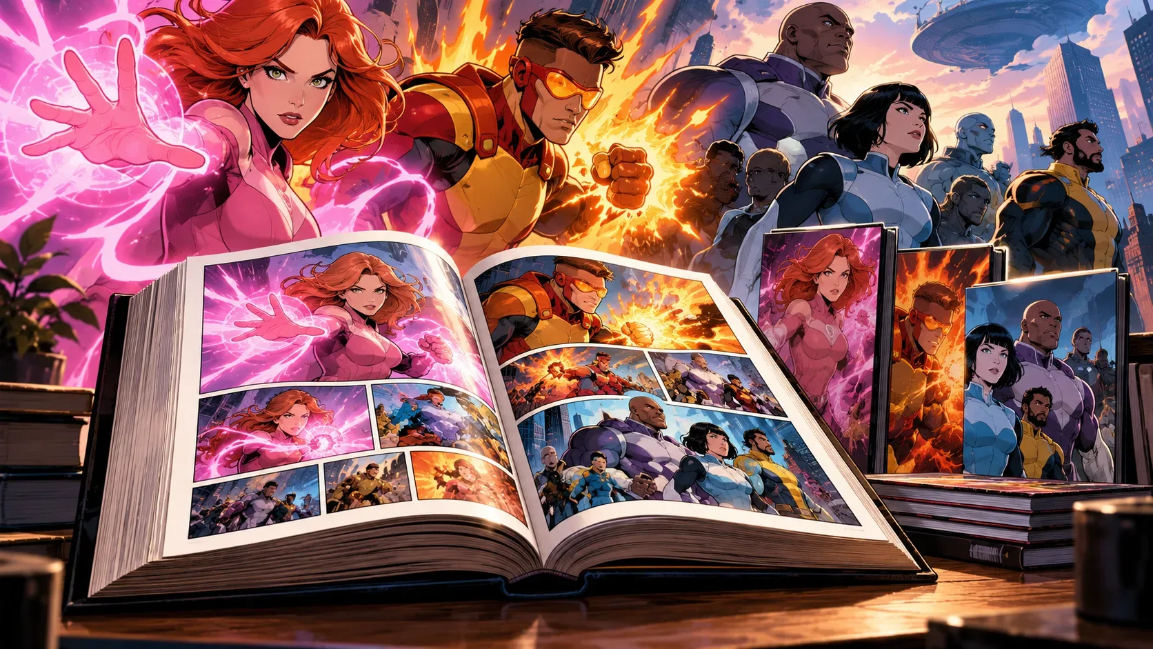 Compêndio de quadrinhos aberto diante de heróis ilustrados, com uma heroína ruiva cercada de energia rosa, um herói de óculos luminosos e livros empilhados.