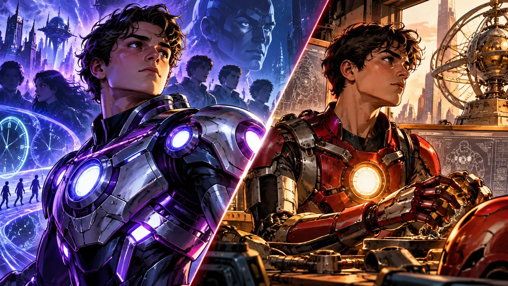 Ilustração dividida por uma diagonal: jovem com armadura prateada e luzes violetas diante de relógios e cidade futurista à esquerda; jovem de armadura vermelha em oficina iluminada por tons dourados à direita.