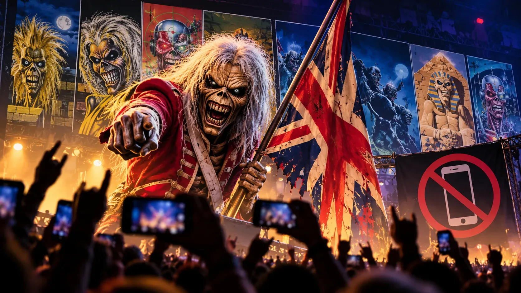 Ilustração de Eddie, do Iron Maiden, com casaco vermelho e bandeira britânica diante de painéis com versões do mascote; plateia com celulares erguidos e símbolo de celular proibido.