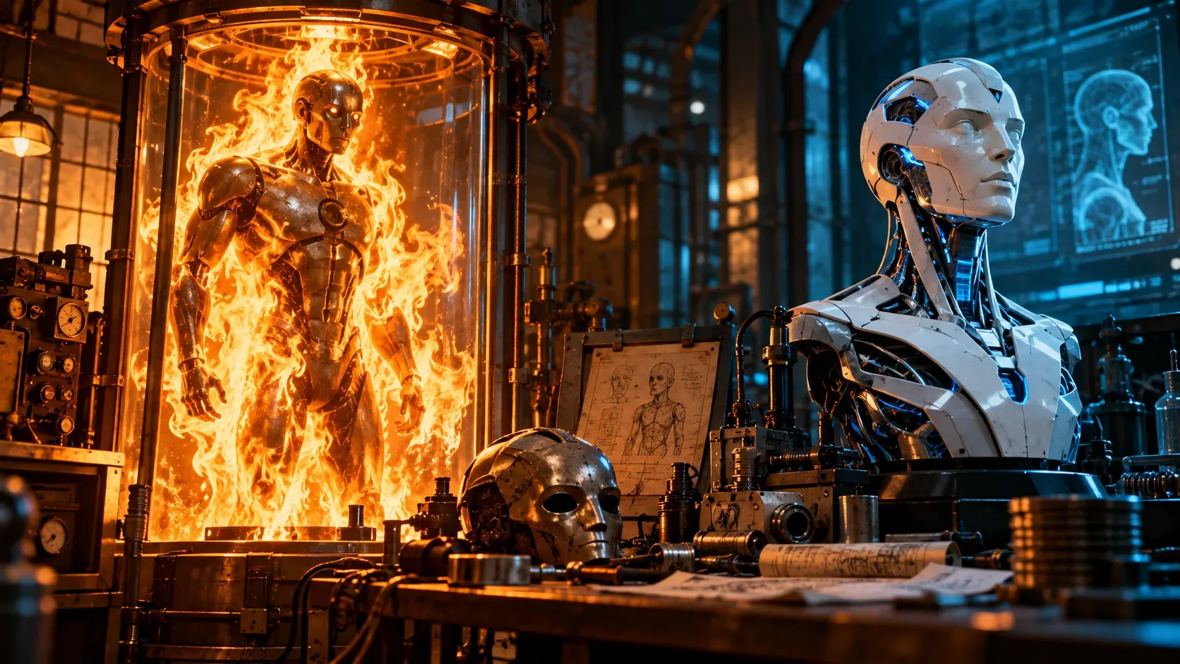 Em laboratório futurista, androide metálico envolto em chamas dentro de uma cápsula à esquerda e busto robótico branco sob luz azul à direita, com peças e projetos sobre uma bancada.