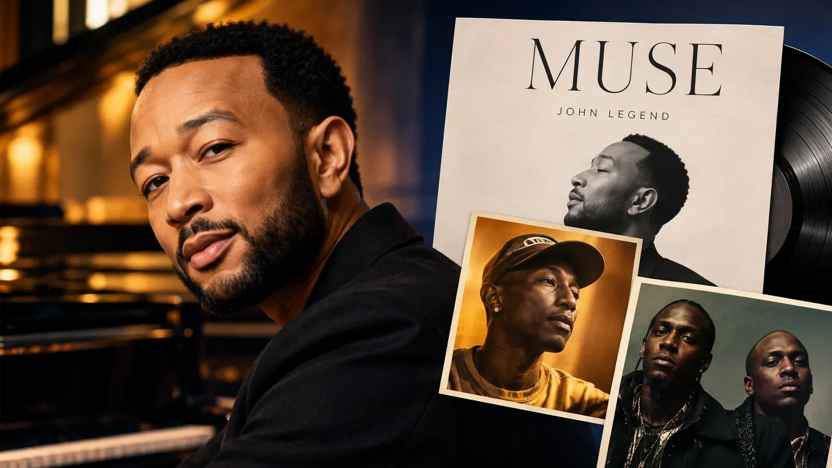 Capa editorial horizontal com John Legend diante de um piano, uma arte estilizada de Muse, um retrato de Pharrell Williams, a dupla Clipse e um disco de vinil.