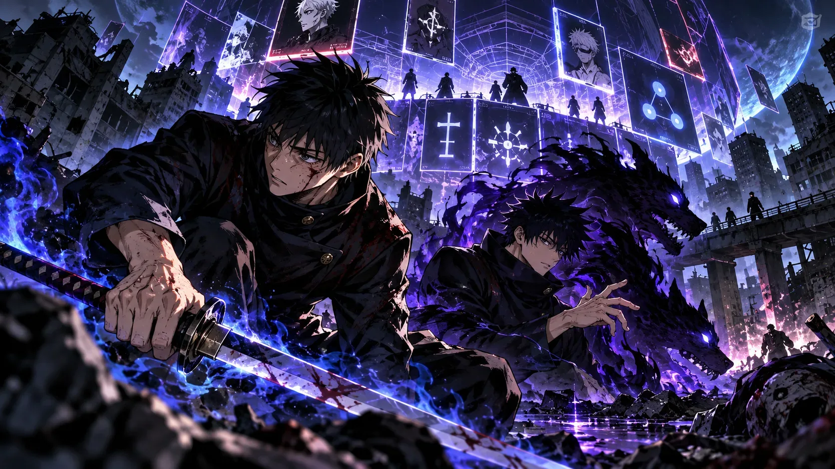 Ilustração de dois jovens feiticeiros entre prédios destruídos, um segurando uma espada luminosa e outro cercado por sombras, diante de painéis roxos suspensos.