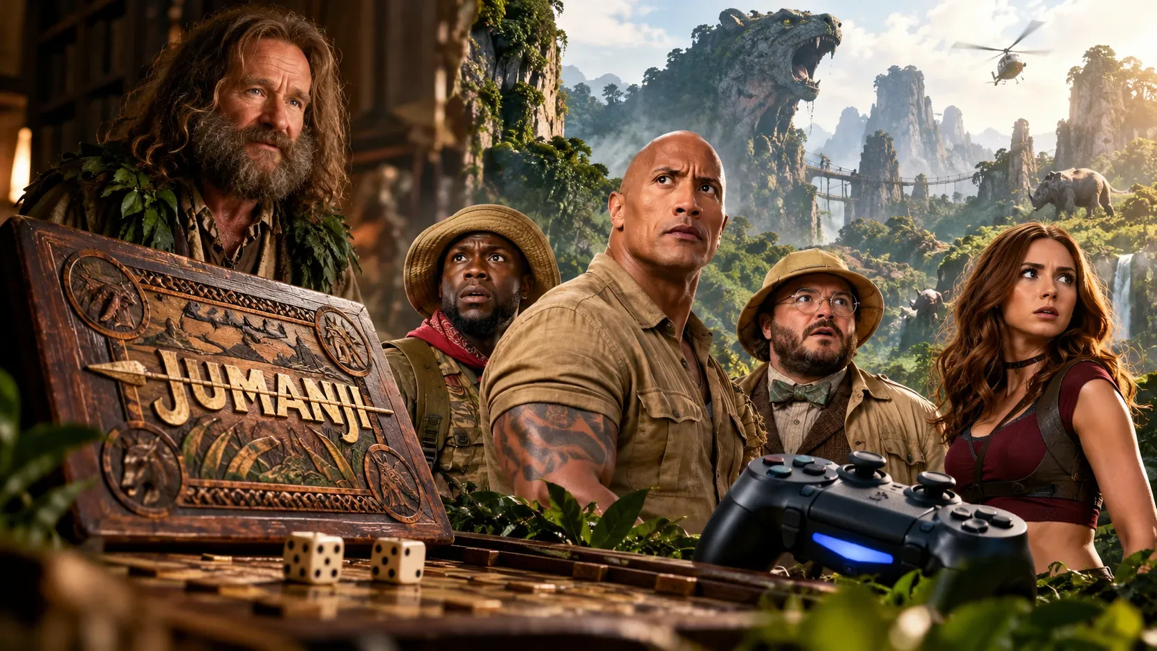 Montagem cinematográfica com tabuleiro de Jumanji, dados e controle de videogame diante de exploradores em uma selva com animais e helicóptero.