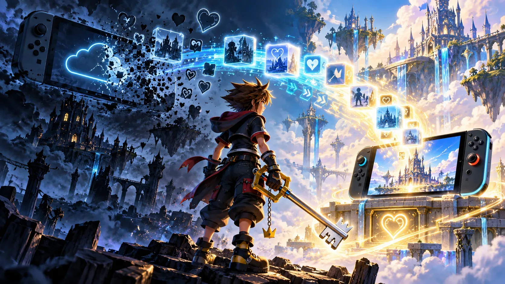 Herói de fantasia com arma em forma de chave diante de dois consoles portáteis, enquanto cubos luminosos de dados passam de um mundo escuro para um castelo iluminado.