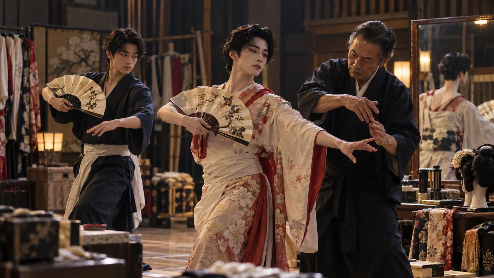 Ilustração de ensaio de kabuki em camarim tradicional: dois jovens praticam com leques enquanto um instrutor corrige a posição dos braços.