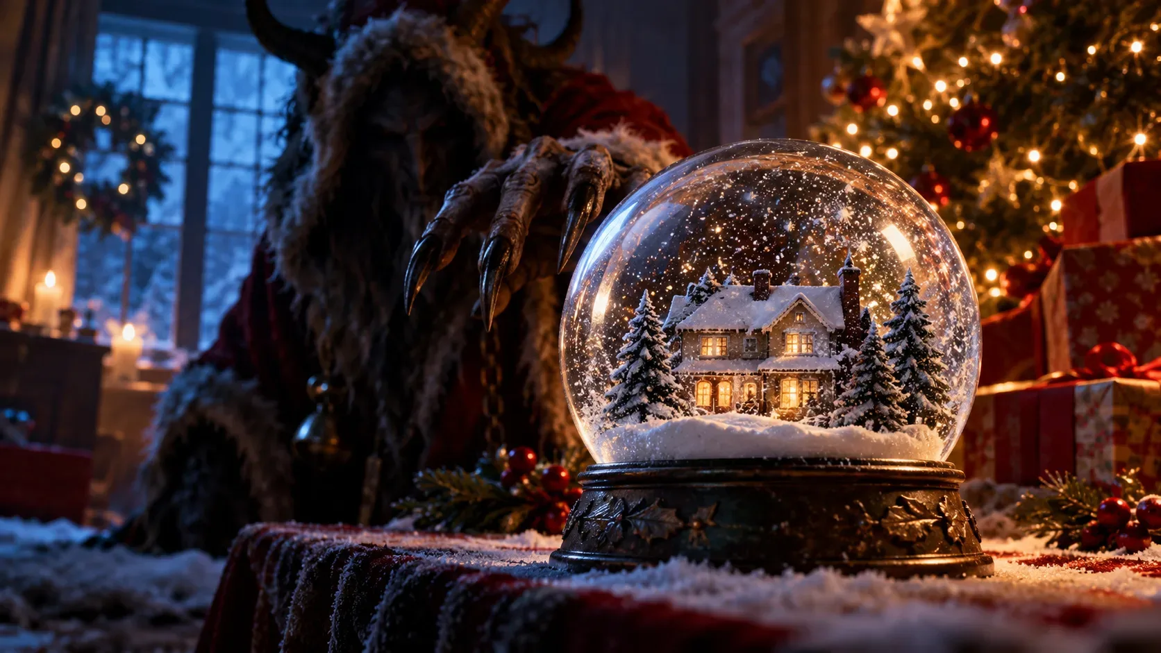 Criatura sombria com chifres e garras junto a um globo de neve com casa iluminada, diante de árvore e presentes de Natal.