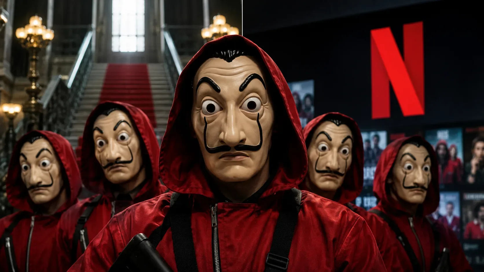 Cinco figuras de macacão vermelho e máscaras estilizadas diante de uma escadaria iluminada e de telas de streaming com uma grande letra N vermelha.