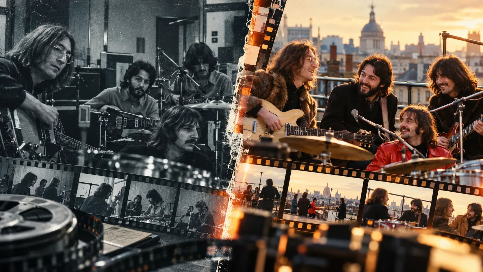 Montagem horizontal dos Beatles em estúdio em preto e branco à esquerda e tocando em um terraço sob luz dourada à direita, separada por tiras de filme.