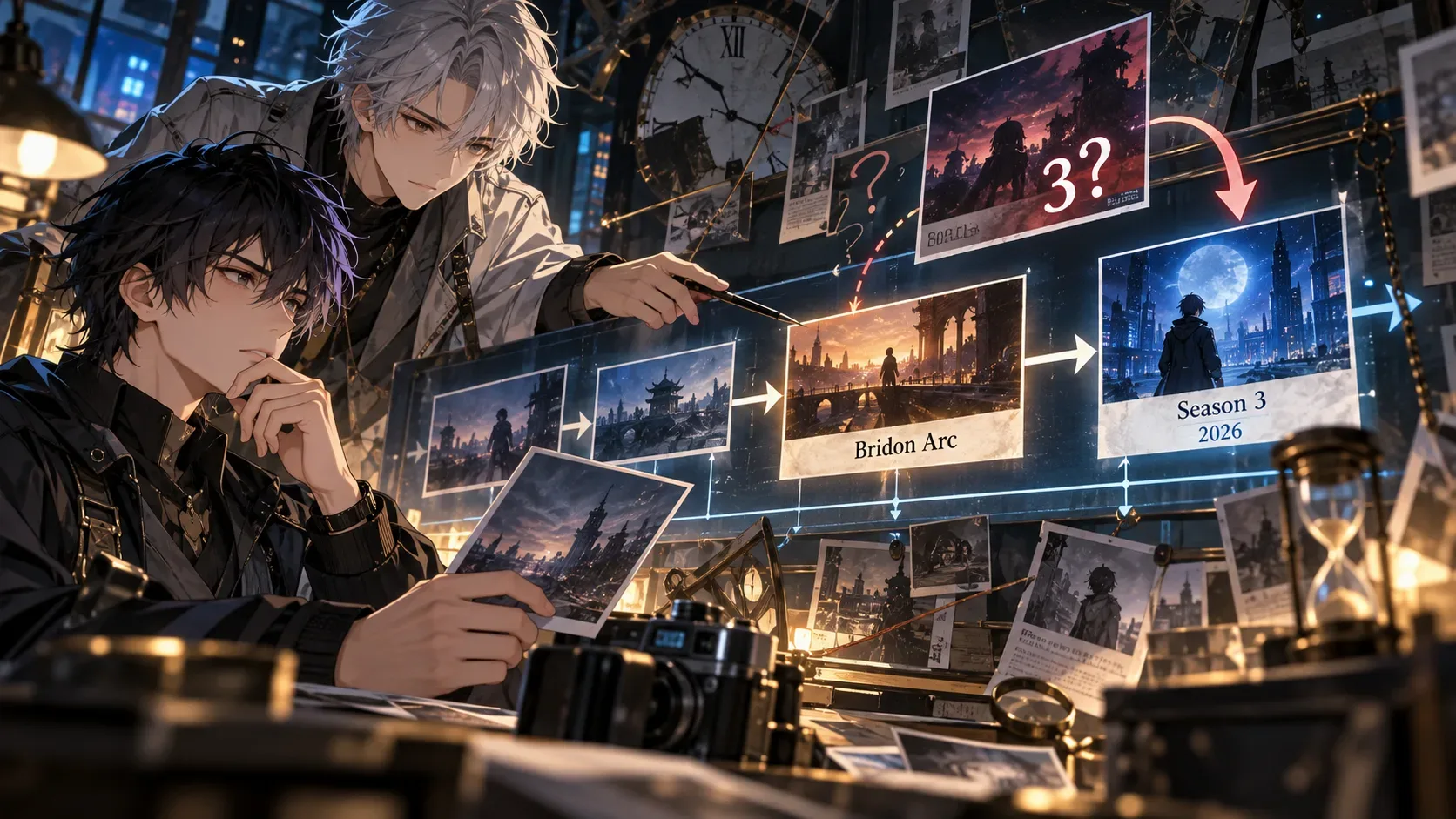 Ilustração em estilo anime com dois jovens diante de um mural de fotos e relógios; setas conectam Bridon Arc à temporada 3 de 2026 e um cartão com ponto de interrogação indica a dúvida de numeração.