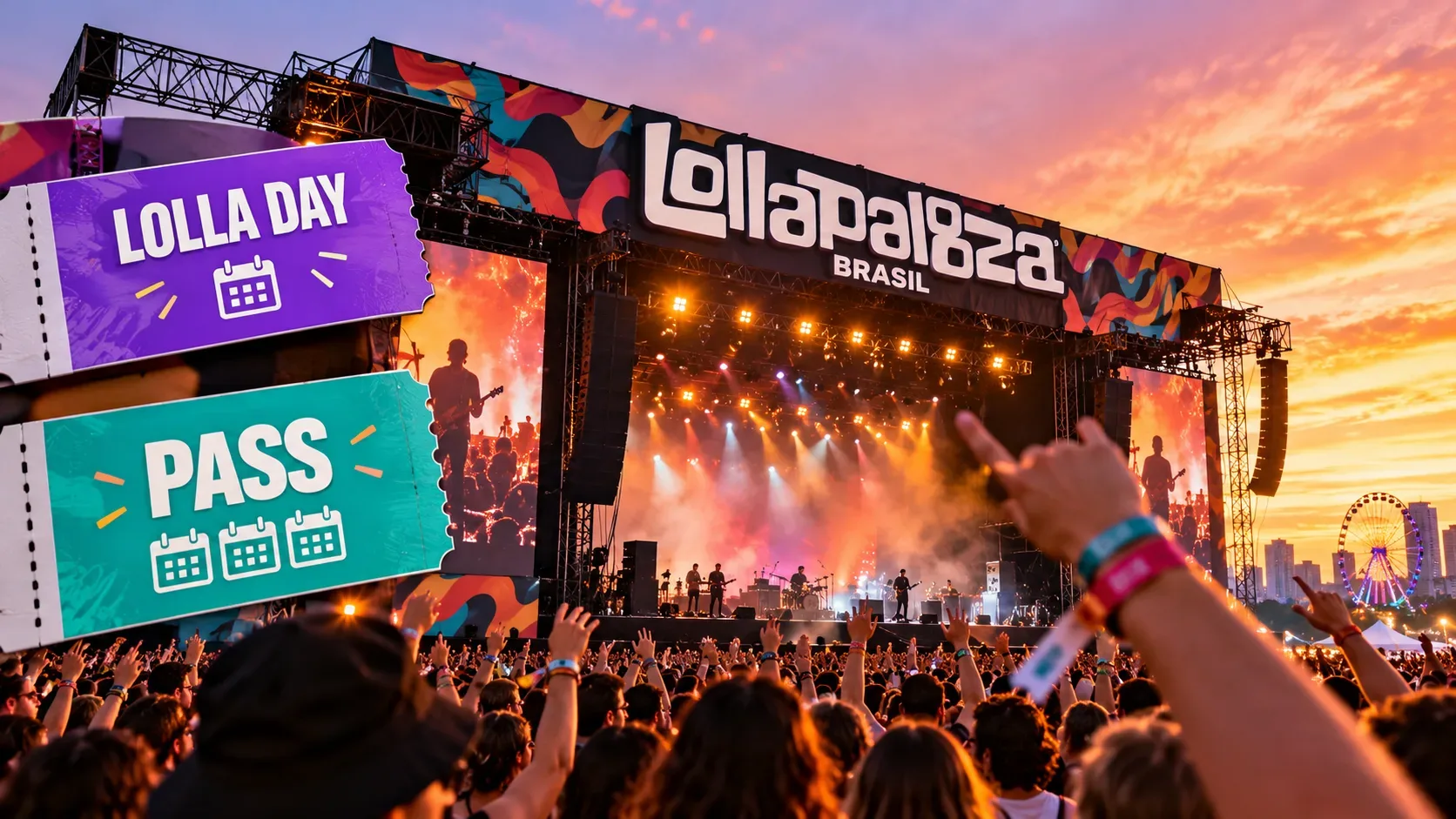 Ilustração de show no Lollapalooza ao pôr do sol, com palco iluminado, multidão e placas coloridas de Lolla Day e Pass.