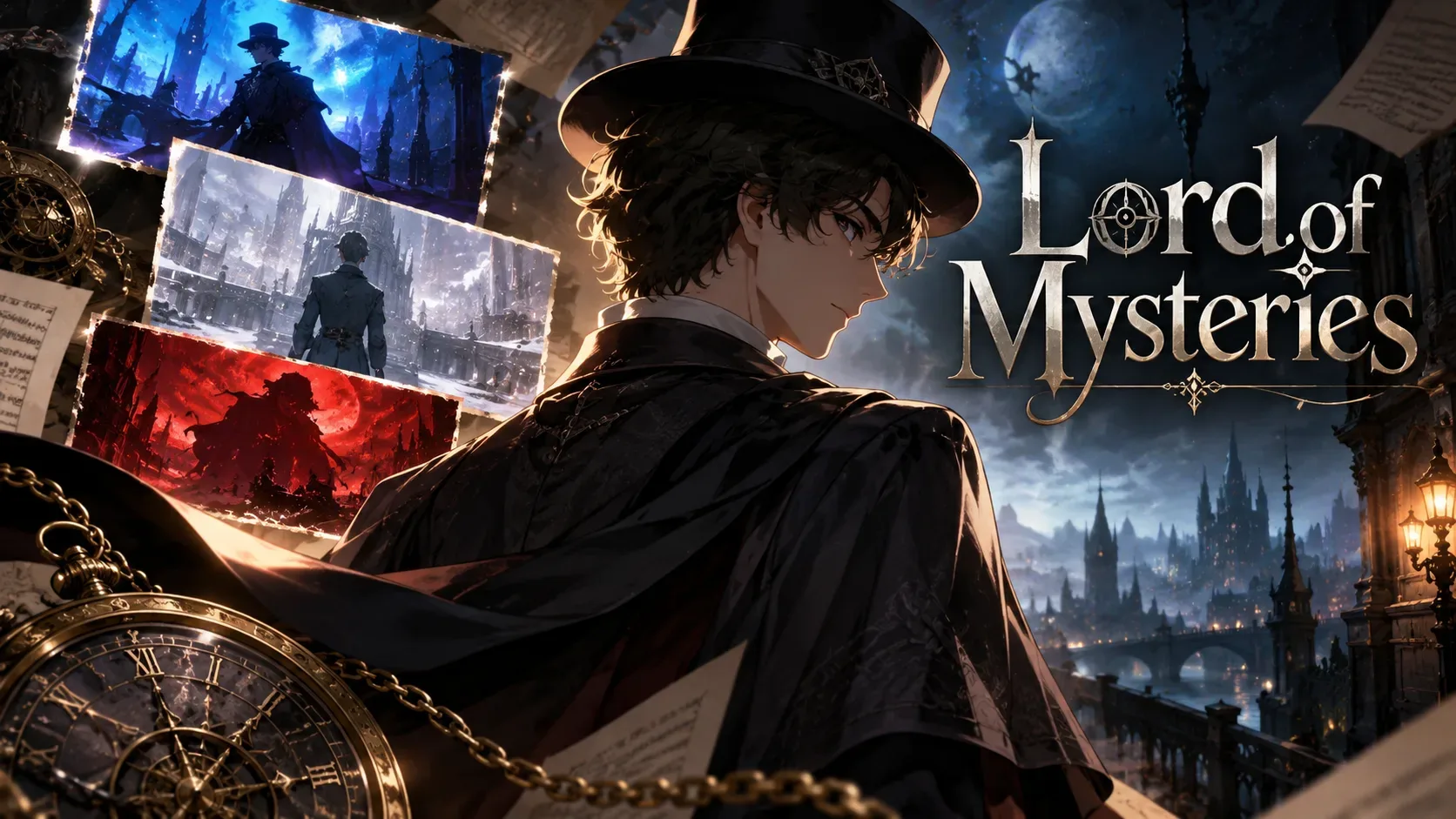 Ilustração em estilo anime de um jovem de cartola numa cidade gótica noturna, com relógio ornamentado, painéis de cenas e o título Lord of Mysteries.