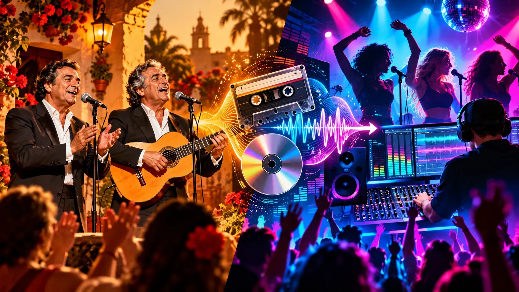 Ilustração dividida: dupla masculina canta com violão em cenário dourado, enquanto DJ e cantoras aparecem sob luzes neon, ligados por fita cassete, CD e ondas sonoras.