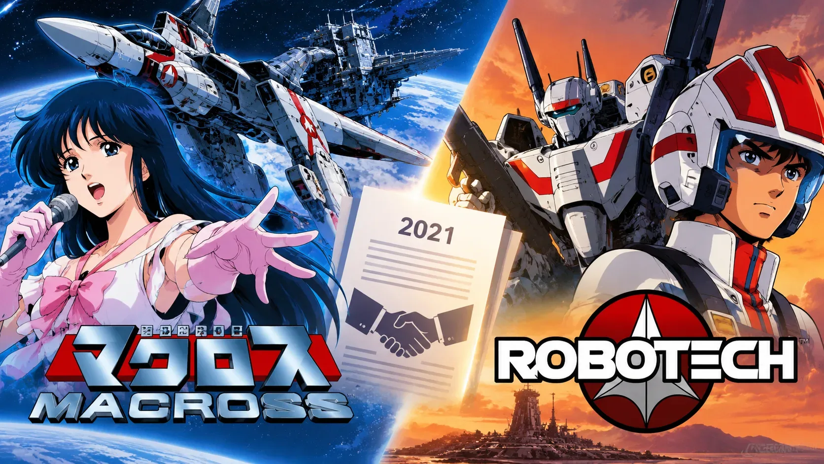 Ilustração dividida entre um cenário espacial azul de Macross, com cantora e caça, e um cenário alaranjado de Robotech, com piloto e mecha. Ao centro, documento de 2021 com símbolo de aperto de mãos.