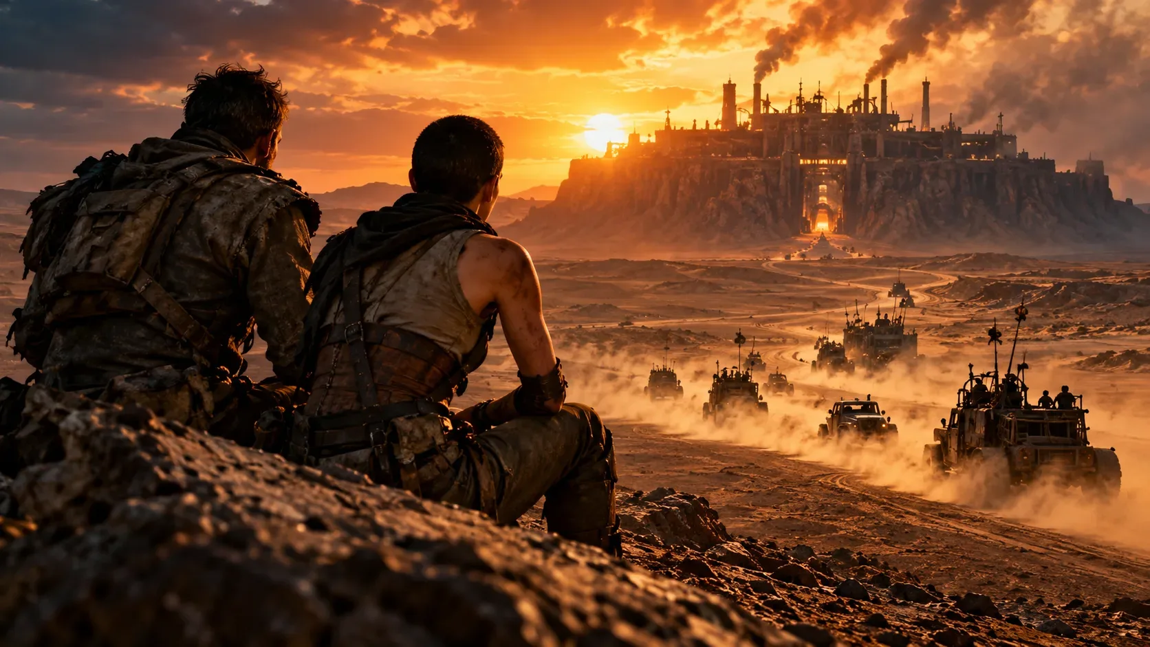 Dois sobreviventes observam de uma encosta rochosa um comboio de veículos no deserto, diante de uma fortaleza industrial sob um pôr do sol alaranjado.