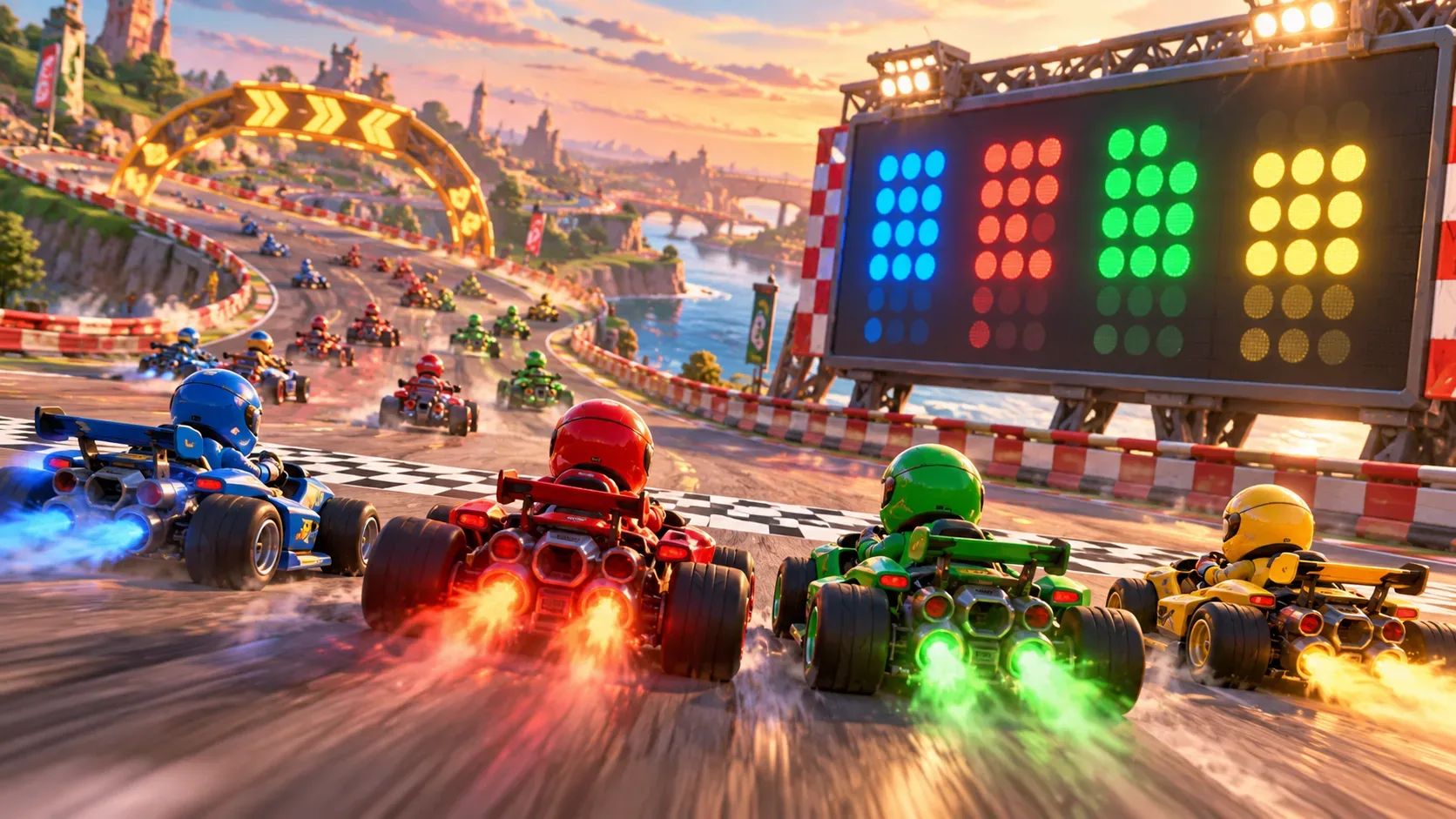 Ilustração de quatro karts azuis, vermelhos, verdes e amarelos numa pista de corrida, com placar luminoso de equipes ao fundo.