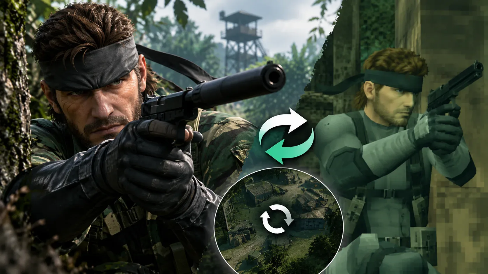Montagem de duas versões visuais de um soldado camuflado na selva, uma realista e outra retrô, com setas de troca e mapa circular.