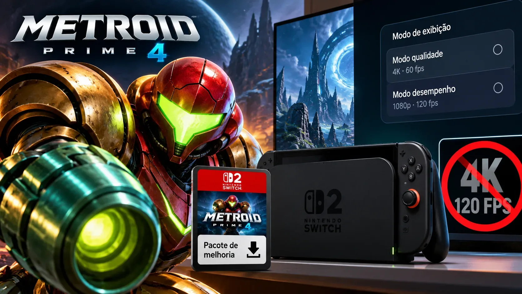 Samus Aran em armadura vermelha e dourada diante de um Nintendo Switch 2, com telas mostrando modos gráficos e um símbolo de indisponibilidade para 4K e 120 fps simultâneos.