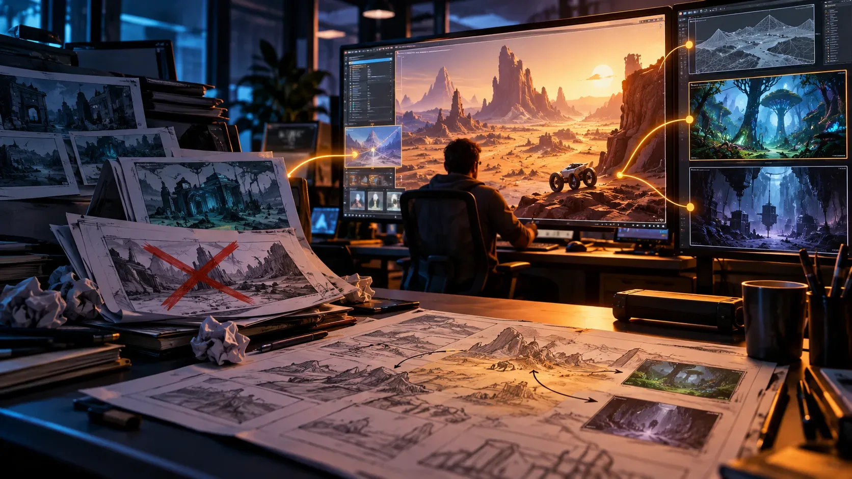 Ilustração de um estúdio de games, com esboços de cenários riscados à esquerda e monitores exibindo uma paisagem alienígena, floresta e modelos digitais em desenvolvimento.
