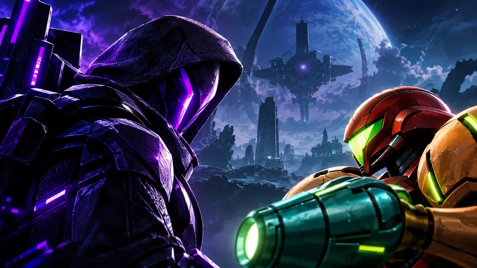 Samus, em armadura alaranjada e visor verde, encara uma figura encapuzada de armadura escura iluminada por luz roxa, diante de um planeta e ruínas futuristas.