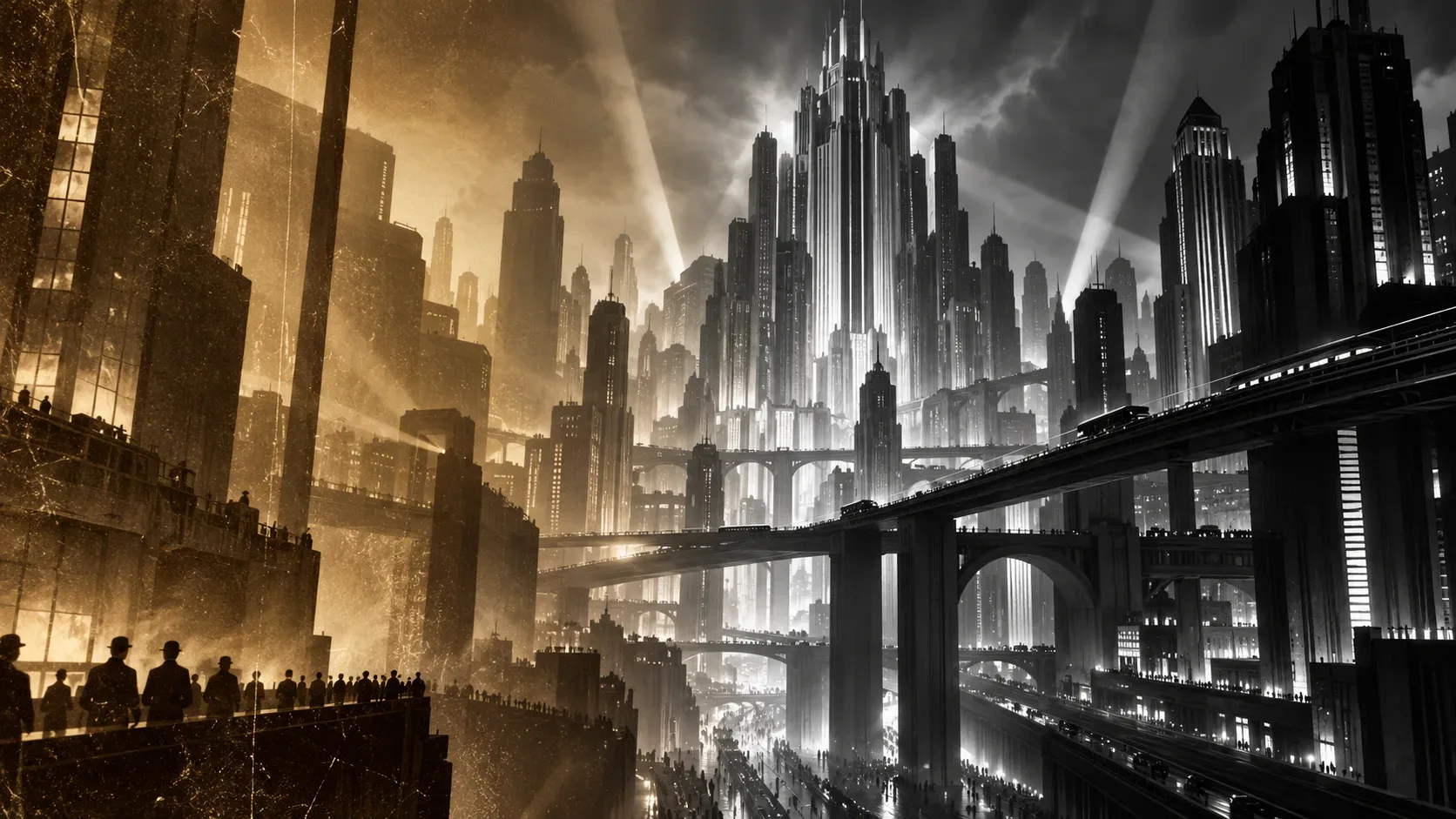 Metrópole futurista com torres art déco e passarelas, dividida entre tons sépia com marcas de película antiga e preto e branco de alto contraste.