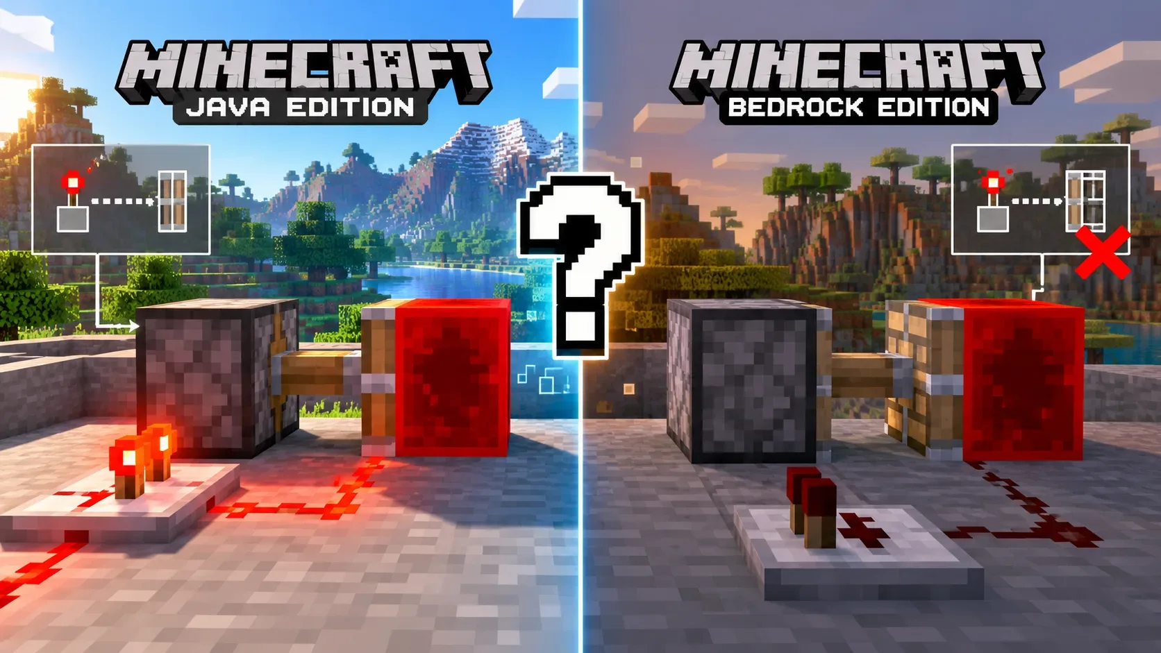 Capa dividida entre Minecraft Java e Bedrock, com circuitos de redstone e pistões, um ponto de interrogação central e um X vermelho no lado Bedrock.