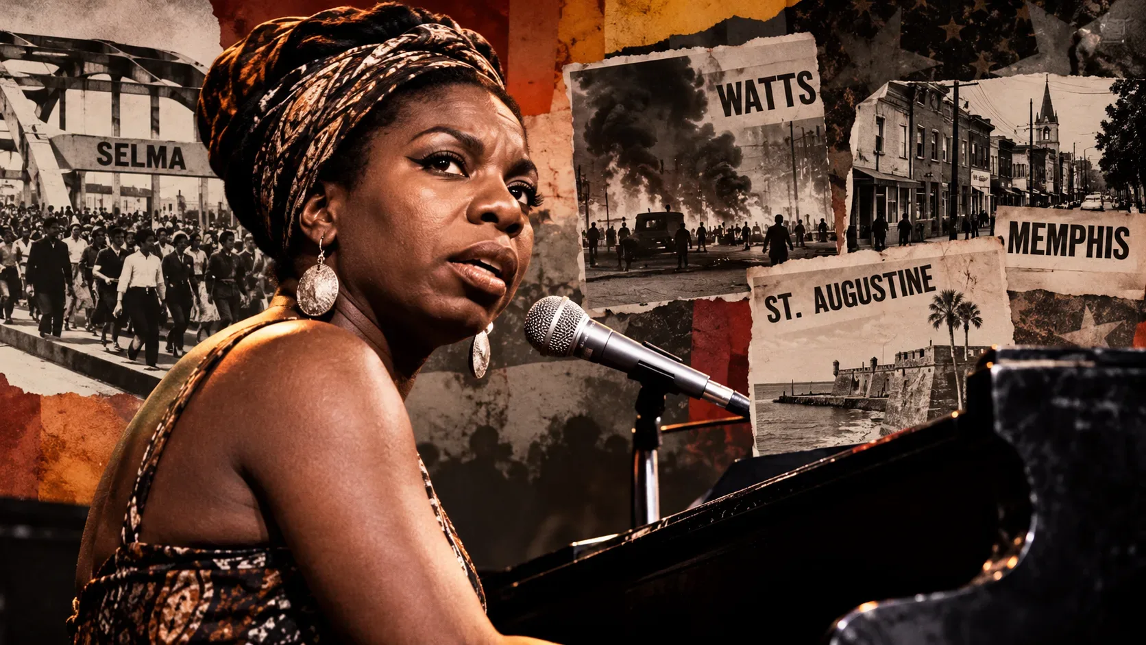 Arte digital inspirada em Nina Simone cantando ao piano diante de um microfone, com colagem de protestos históricos e os nomes Selma, Watts, Memphis e St. Augustine ao fundo.
