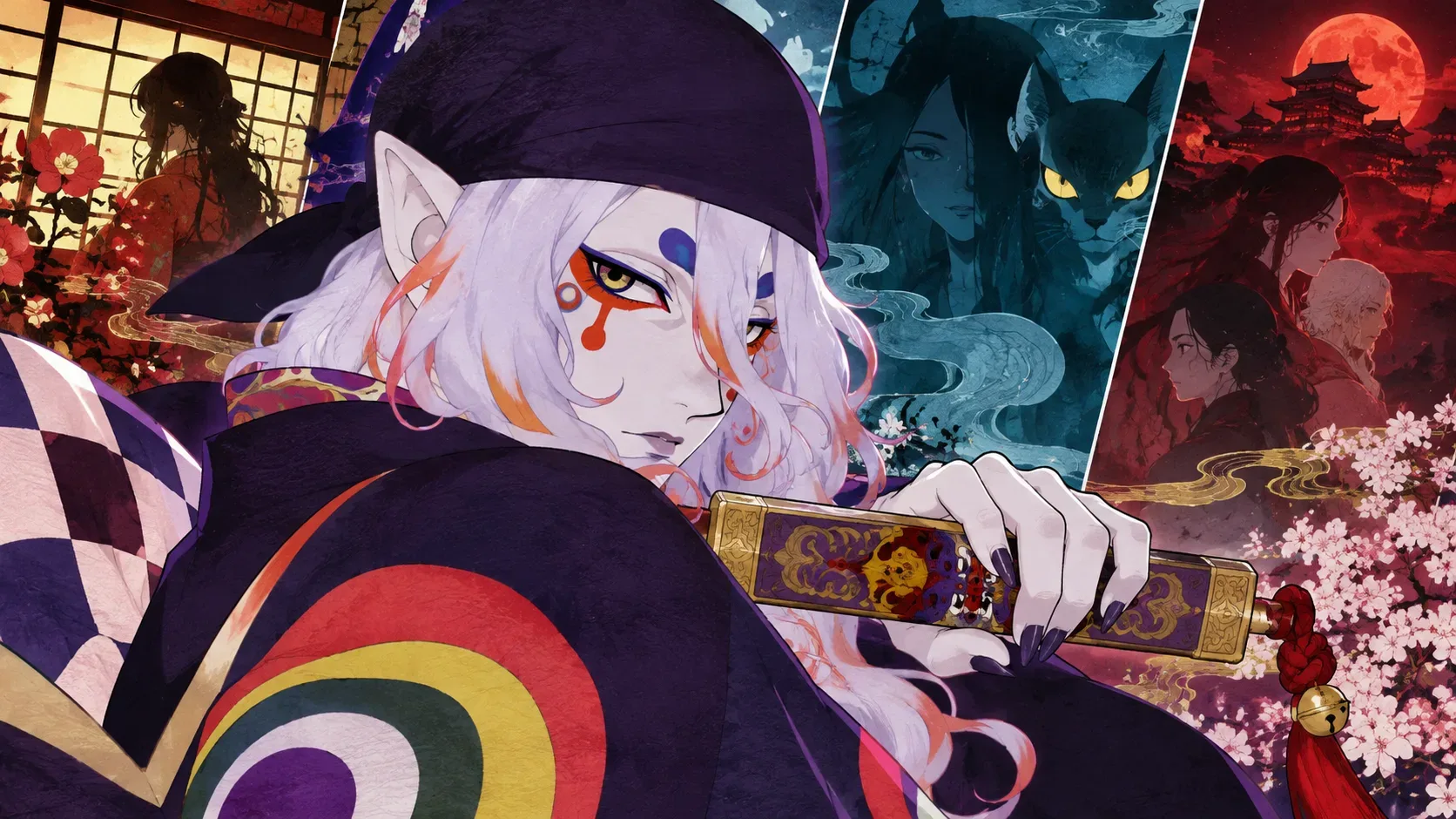 Ilustração horizontal em estilo de anime japonês com figura de cabelos claros e marcas vermelhas no rosto segurando objeto ornamental; atrás, painéis mostram silhuetas, um gato de olhos amarelos e um templo sob lua vermelha.