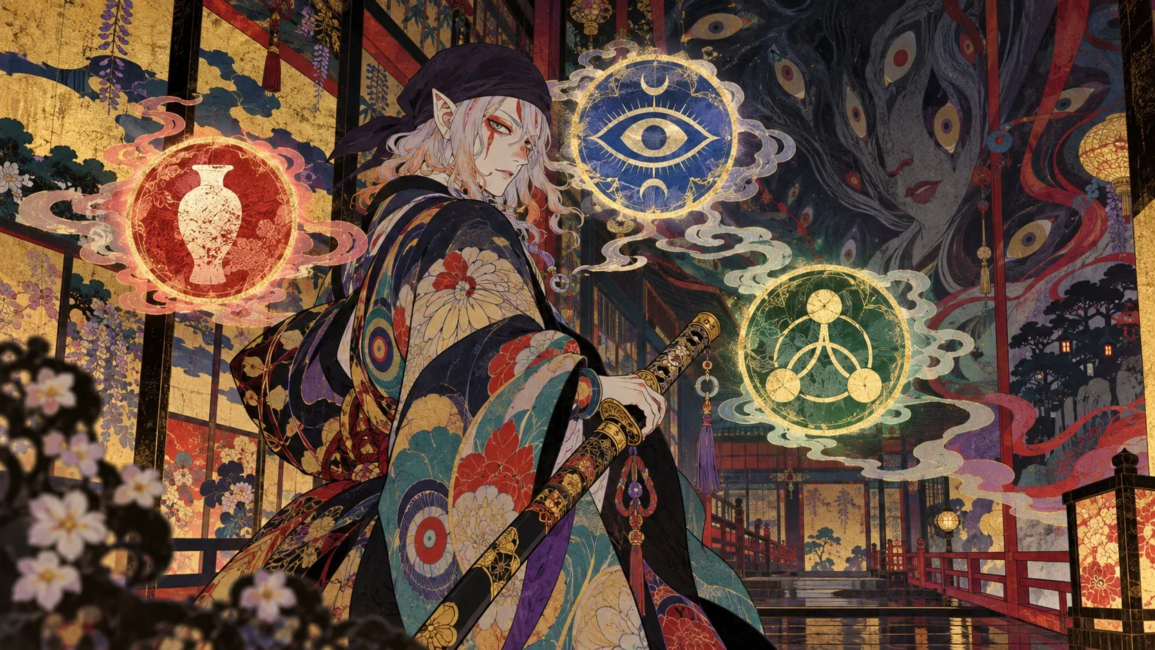 Ilustração japonesa de um exorcista com quimono estampado segurando uma espada embainhada, diante de três selos luminosos e de um espírito com muitos olhos.