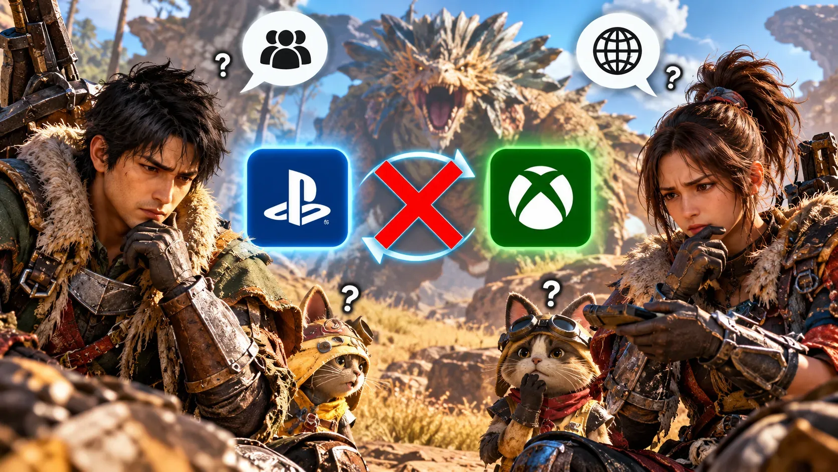 Arte ilustrativa com dois caçadores preocupados, dois companheiros felinos e um grande monstro ao fundo; símbolos PlayStation e Xbox aparecem separados por um X vermelho.