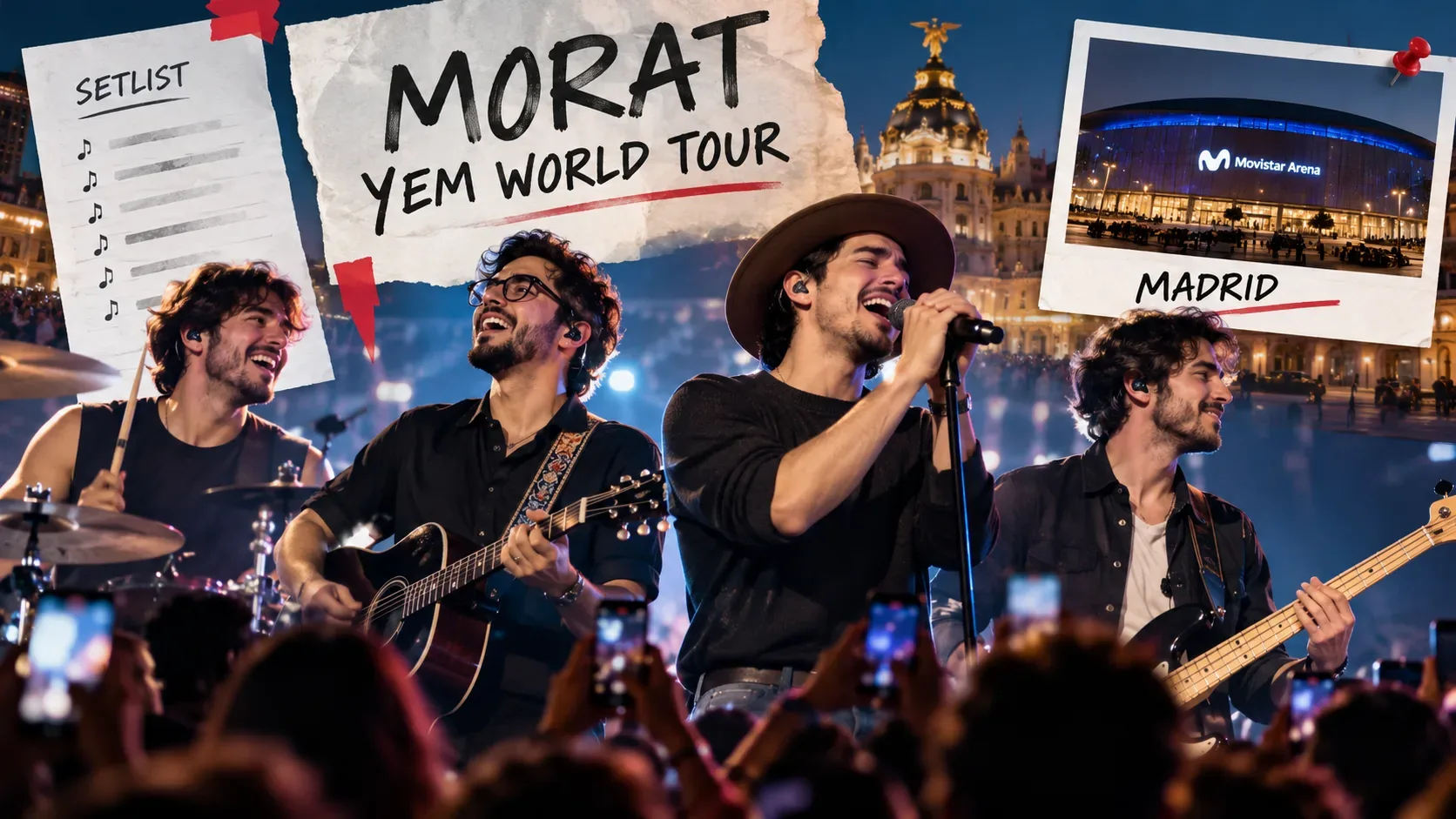 Montagem editorial com quatro músicos tocando diante de uma plateia iluminada, bilhete de setlist, letreiro Morat YEM World Tour e foto do Movistar Arena de Madri.