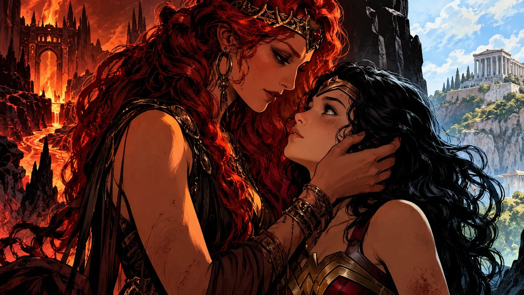 Ilustração editorial em estilo de quadrinhos de Circe ruiva segurando o rosto de Diana de cabelos negros, entre o Inferno em chamas e templos clássicos.