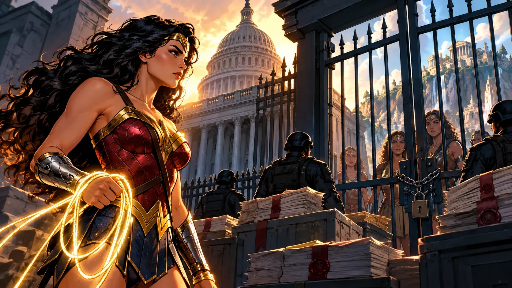 Ilustração editorial da Mulher-Maravilha com laço dourado luminoso diante de um portão fechado, guardas, amazonas, edifício governamental e pilhas de documentos selados.