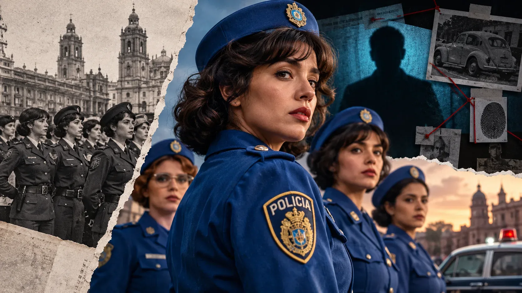 Montagem ilustrativa com mulheres de uniforme policial azul diante de uma paisagem urbana histórica, fotografias antigas e painel de investigação com fios vermelhos.