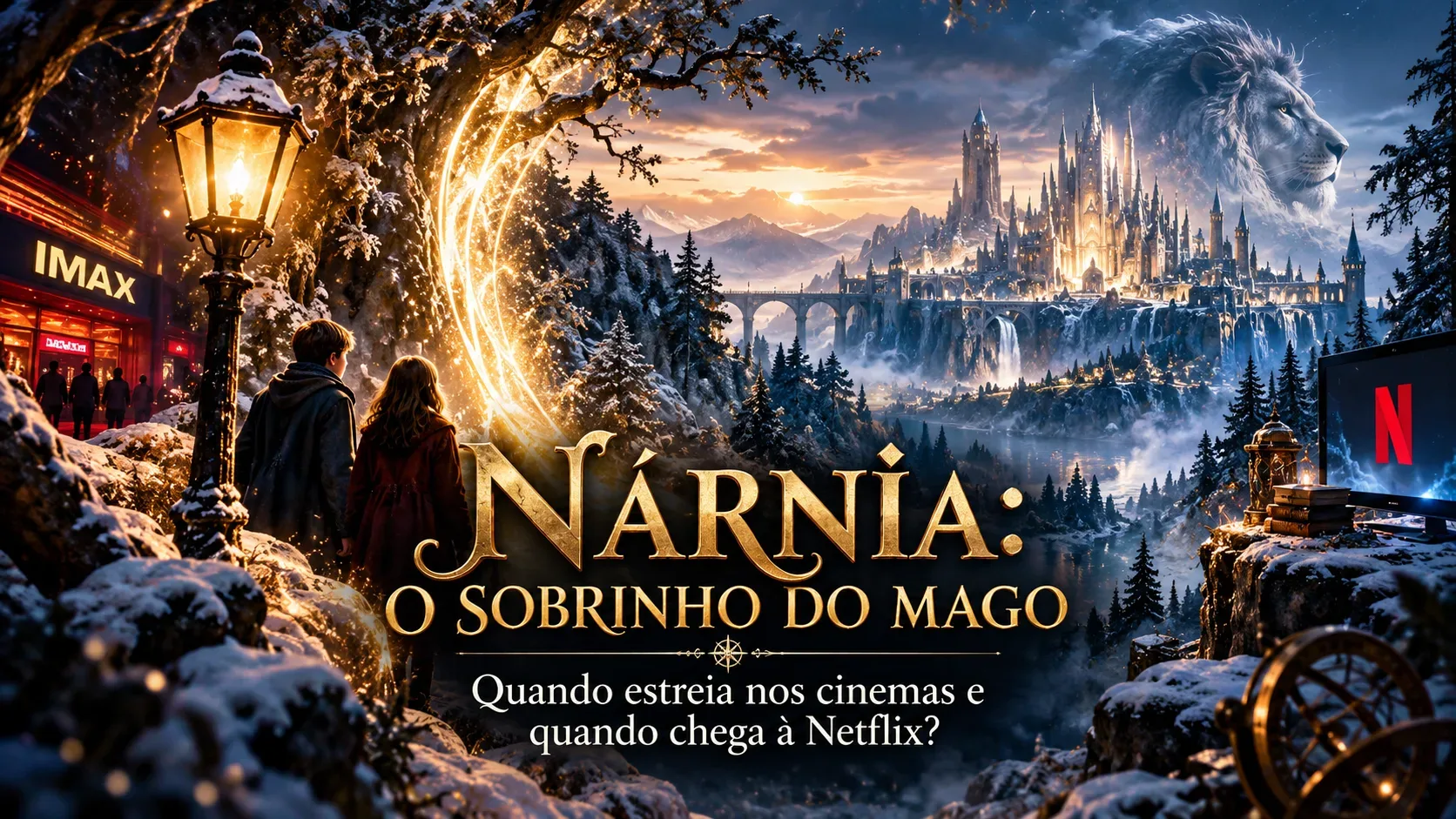 Ilustração de fantasia com dois jovens diante de um portal dourado e um castelo nevado; há um leão no céu, um cinema IMAX, uma tela com N vermelho e o título Nárnia: O Sobrinho do Mago.