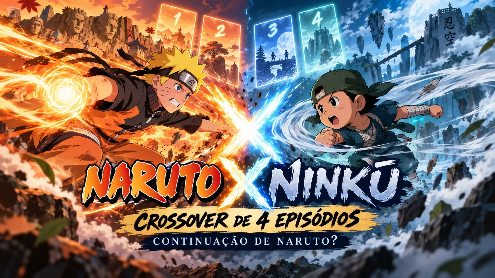 Ilustração de Naruto e Fūsuke avançando um contra o outro entre energias laranja e azul, quatro painéis numerados e o título do crossover na parte inferior.