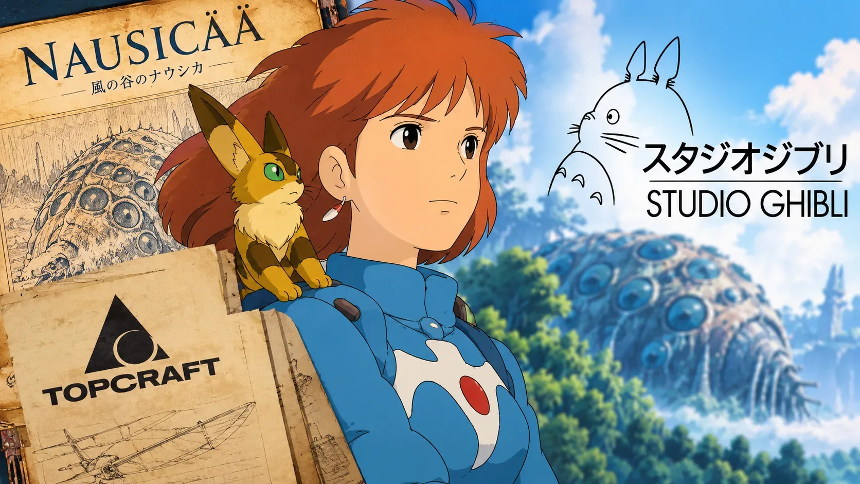 Arte em estilo anime com Nausicaä de roupa azul e pequeno animal no ombro, papéis com a palavra Topcraft à esquerda e desenho de Totoro e nome Studio Ghibli à direita.