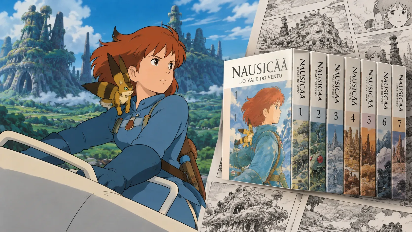 Capa ilustrada dividida entre uma jovem de roupa azul em um planador sobre paisagem verde e sete volumes numerados de Nausicaä diante de páginas de mangá em preto e branco.