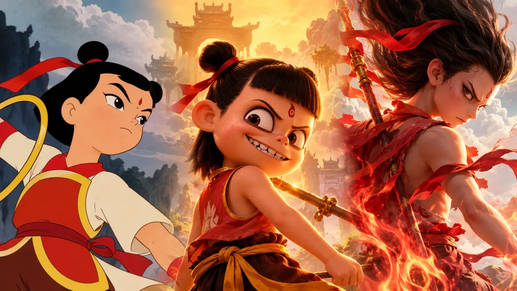 Arte horizontal com três representações estilizadas de Ne Zha: uma criança em animação tradicional à esquerda, um garoto sorridente ao centro e um guerreiro envolto em fogo à direita, diante de templos chineses.