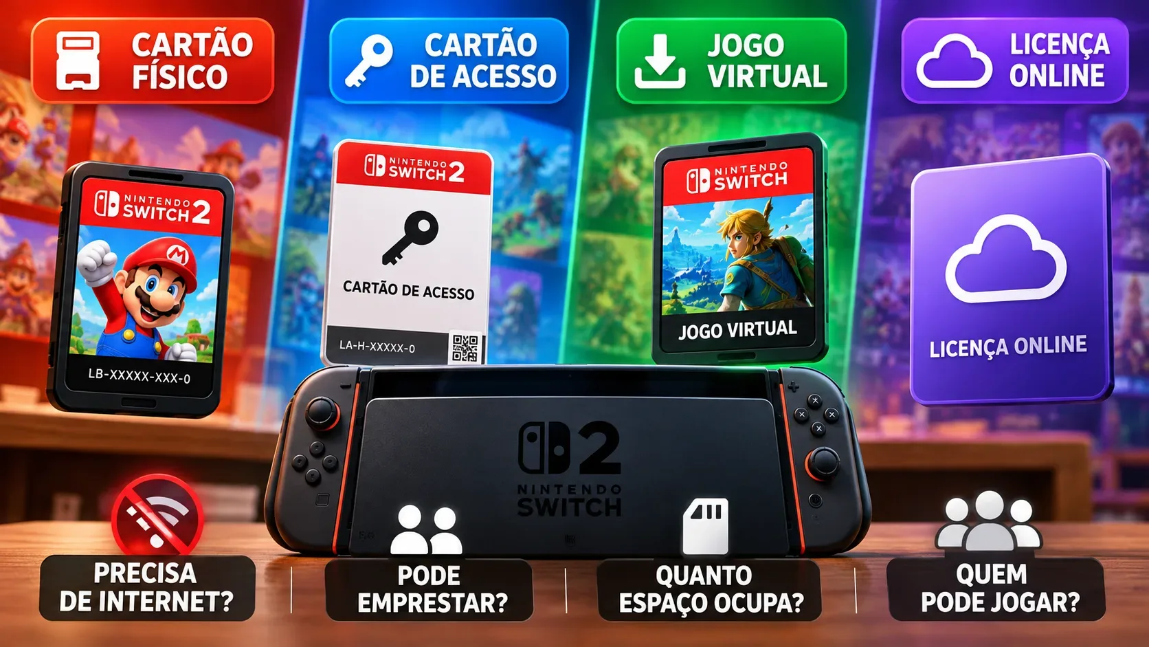 Arte comparativa em quatro faixas coloridas com cartões físicos e digitais, ícone de nuvem e um console portátil ao centro.