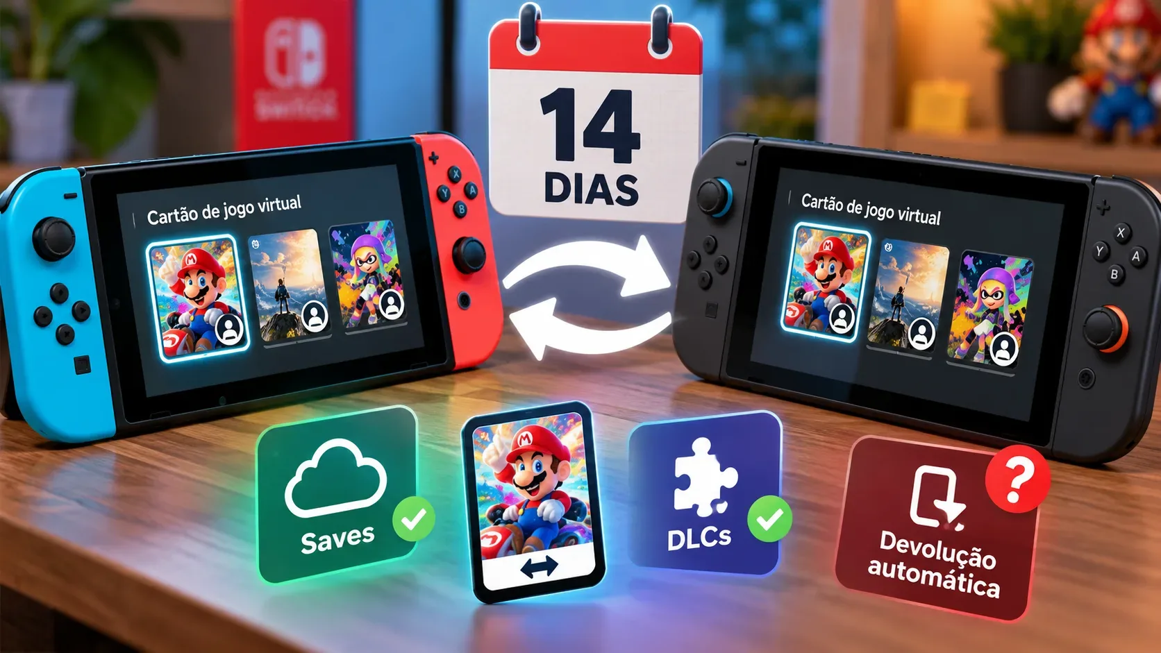 Dois consoles Nintendo Switch exibem cartões de jogos virtuais, com setas entre as telas, um calendário de 14 dias e ícones para saves, DLCs e devolução automática.