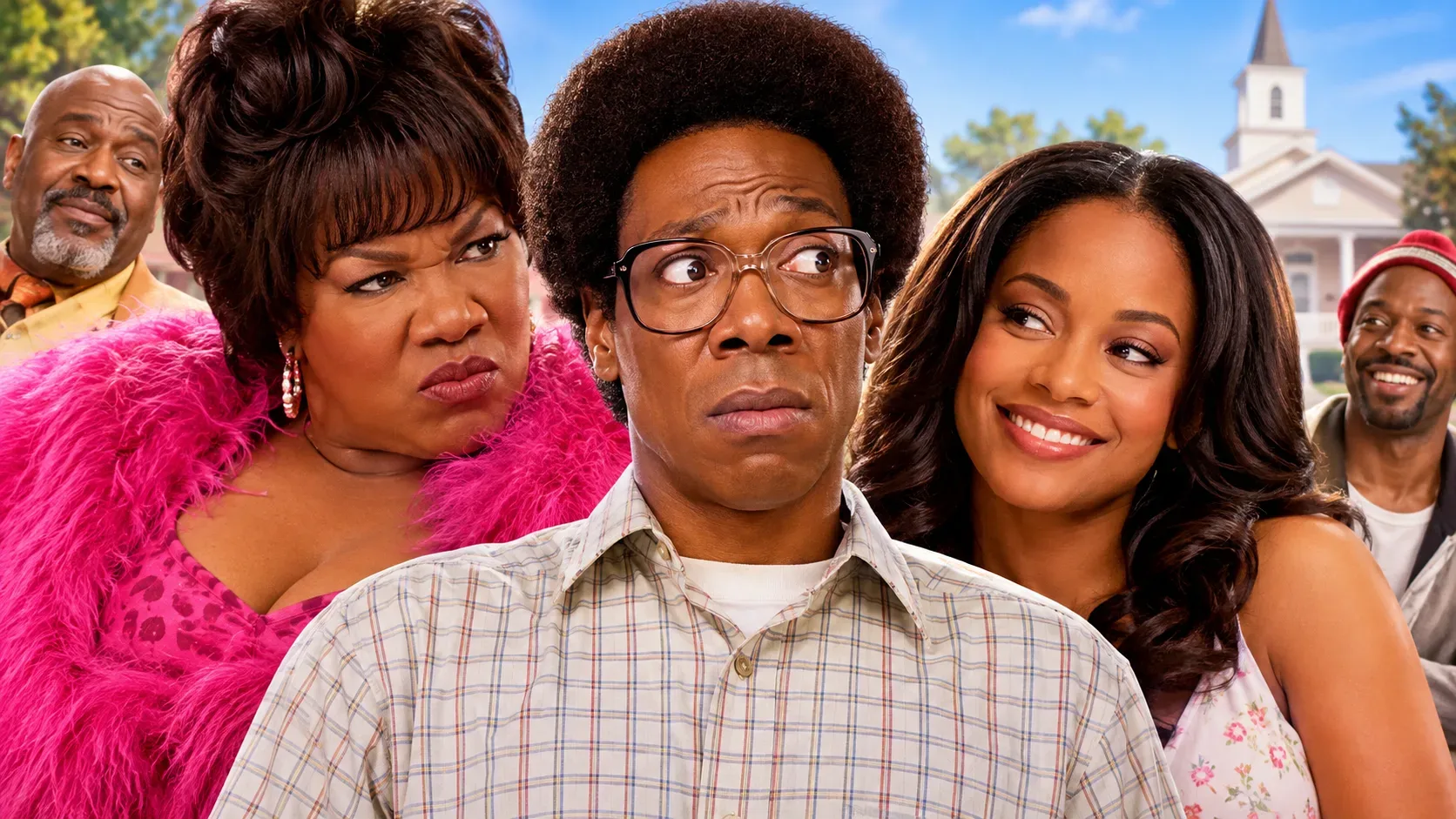 Arte colorida inspirada em Norbit, com um homem de óculos ao centro, uma mulher vestida de rosa à esquerda e uma mulher sorridente à direita, diante de uma igreja.